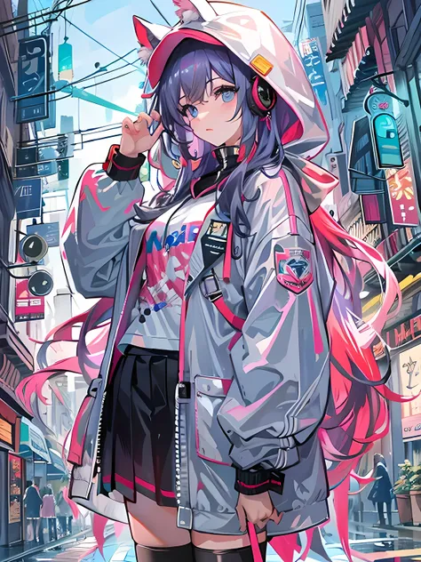 8K resolution、((highest quality))、((masterpiece))、((super detailed))、1 female、solo、incredibly absurd、oversized hoodie、headphones、street、outdoors、rain、neon、lomg hair、brightly colored eyes、、skirt, vivid、fantasy world, future