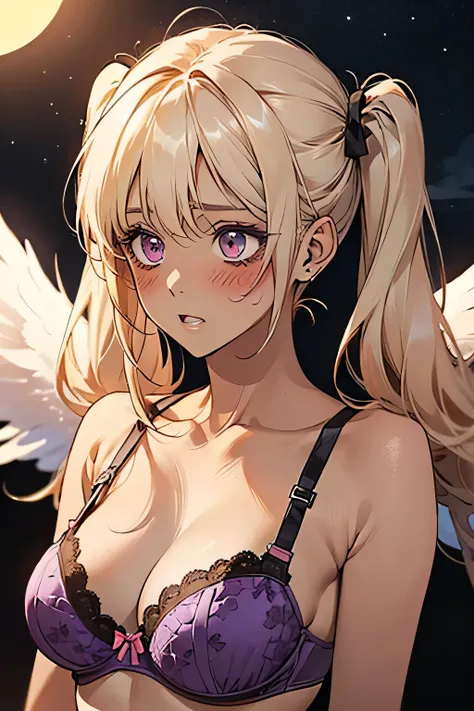 Twin tails，((bionde))，((Embarrassing)),((Blush 1.5))Purple eyes，Large Breasts，Dark purple bra，((Brown Skin:1.5))，Angel wings. Las Vegas night view in the background，night.