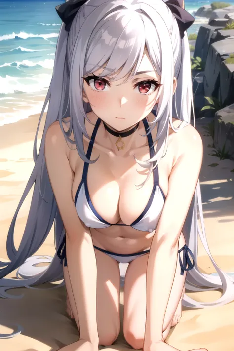 (alexia midgar), (faithfully), One gir, red eyes, long hair, very long hair, Silver hair,hair ribbon, sidelocks, (medium breastst), (white low rise bikini: 1.3), (all fours: 1.4), Beach, 