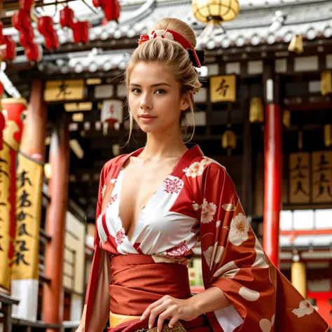 she is wearing a red and white kimono 