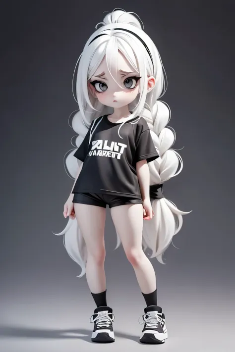 a girl, displaying cartoon, pale white skin, black eyes, long white hair tied up, wearing a black shirt, white shorts, black sho...