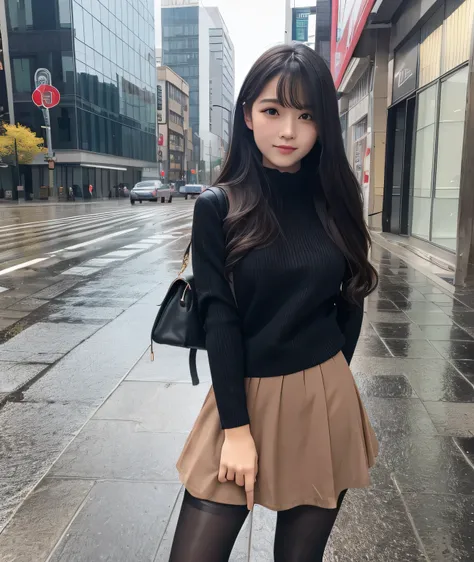 18 year old girl black pantyhose blush rainy day gray hair JK skirt