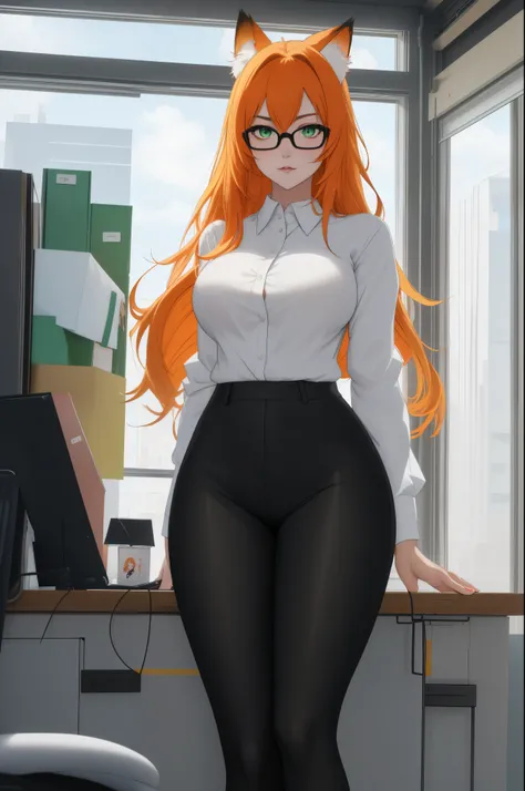 (masterpiece, Best quality), 8K, ultra detailed, realistic photo, Detailed face, perfect lighting, green eyes, bright orange hair, bright hair, fox ears, nice legs, side photo, beautiful, Cute, skin pores, 1 girl, perfect shirt, fully dressed, beautiful wo...