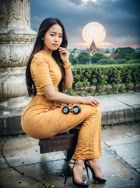 Create full body 3D image realistic photo of a beautiful girls, (pretty lady MoonLay:1.5), in Myanmar outfit dress and high heel, farming in the background seance Bagan Pagoda in myanmar, cinematic enhance HDR portrait glow lighting, smooth face, perfect a...