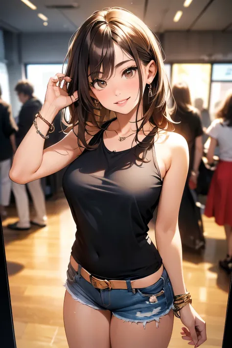 (masterpiece, best quality, ultra-detailed, highres, 4k),(beautiful detailed eyes),(very detailed face),(1girl),HDR,long hair, shorts, phone, brown eyes, brown hair, cellphone, bracelet, tank top, jewelry, watch, lips, solo focus, nail polish, blurry backg...