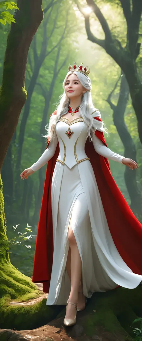 grateful girl, white long hairs, with white dress and red cloak, the crown in the head, stand in the forest waiting someon, she ...