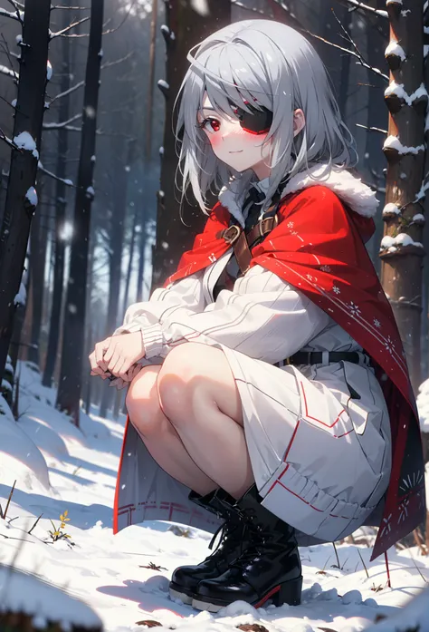 Laurabodewig, Laura Bodewig, Long Hair, (Red eyes:1.3), Grey Hair, Eye patch,smile,smile,blush,White Breath,
Open your mouth,snow,Ground bonfire,,Outdoor, boots, snowing, From the side, wood, suitcase, Cape, Blurred, , forest, White handbag, nature,  Squat...