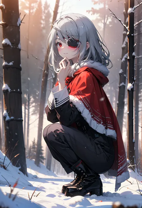 Laurabodewig, Laura Bodewig, Long Hair, (Red eyes:1.3), Grey Hair, Eye patch,smile,smile,blush,White Breath,
Open your mouth,snow,Ground bonfire,,Outdoor, boots, snowing, From the side, wood, suitcase, Cape, Blurred, , forest, White handbag, nature,  Squat...