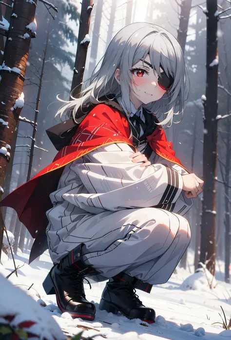 Laurabodewig, Laura Bodewig, Long Hair, (Red eyes:1.3), Grey Hair, Eye patch,smile,smile,blush,White Breath,
Open your mouth,snow,Ground bonfire,,Outdoor, boots, snowing, From the side, wood, suitcase, Cape, Blurred, , forest, White handbag, nature,  Squat...