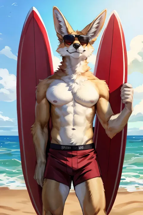 (solo, furry, anthro, hyper realistic, realistic fur), male, front view, muscular body, Fennec, smug, smirk, head tilted, bending down, wearing (((dark red colored))) boxer shorts, black sunglasses on head, standing upright, legs wide apart, holding red su...