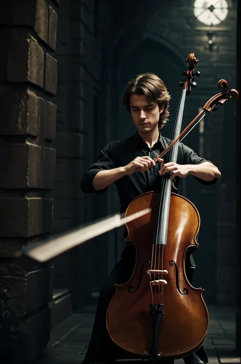 A person playing cello with the bow bristles popped in a Dark Fantasy style