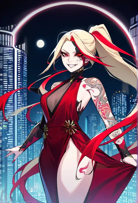 A striking female portrait featuring a woman with long, light blonde hair streaked with lots vibrant red highlights, creating a unique two-tone effect, long hair  ponytail. Her large, piercing red and bloodshot eyes gaze intensely, adding an unsettling yet...