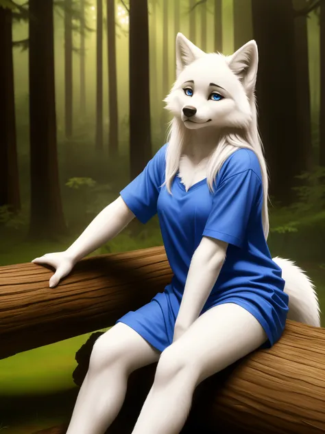 posing, sitting on log, female, 30 years old, cute, eyeliner, long hair, sad, blue shirt, bedroom eyes, anthro, wolf ears, (whit...