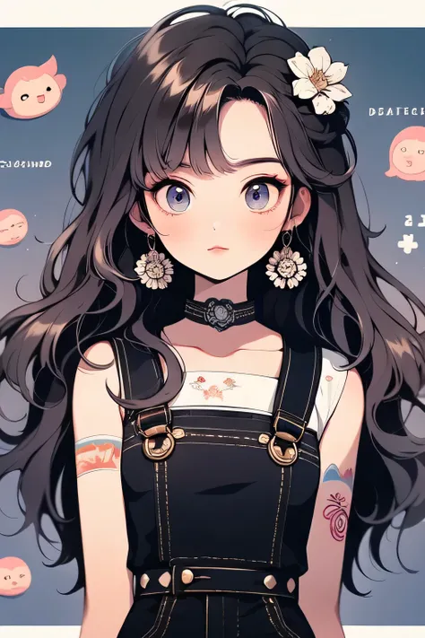 Create a 2D anime girl with cute and cute features., decorated with a delicate hair decoration in the shape of a lotus.,big shiny eyes, round cheeks, small tender mouth, and soft wavy hair. The character must have a body, chibi-like, with a big head and , ...