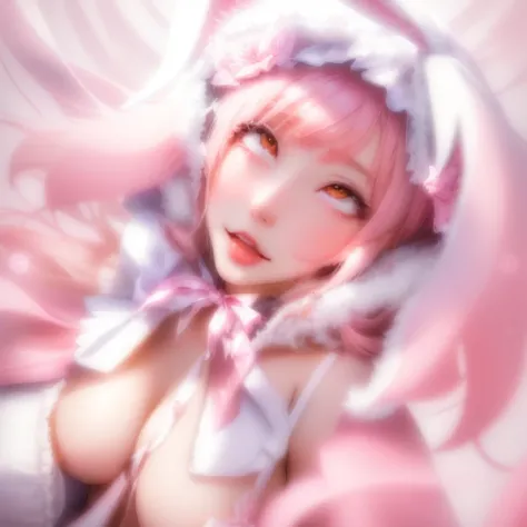 There is a woman wearing a white robe and a pink ribbon., ultrarealistic sweet Bunny girl, sakimichan, With rabbit ears, have long drooping rabbit ears, shikamimi, Wearing a white silk hood, Bunny girl, With bunny ears, Chiho, Sakura Kinomoto, Beasts, with...