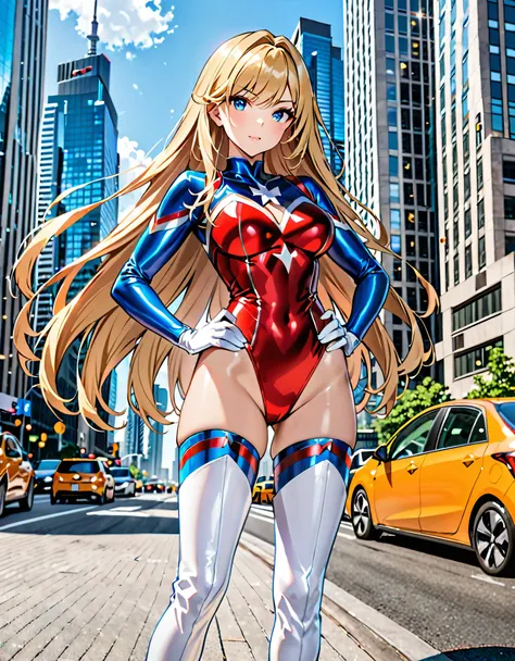 (masterpiece), (best quality), (high res), solo, solo focus, 1girl, belt, blonde hair, blue eyes, breasts, building, city, gloves, hand on hip, highleg, medium breasts, leotard, white and red leotard, long hair, looking at viewer, outdoors, skyscraper, thi...