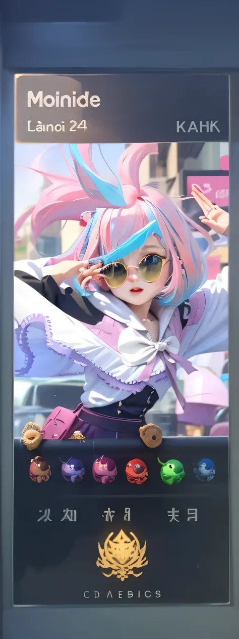 Childlike, green eyes, sunglasses transparent, pink hair, Cute kid girl.