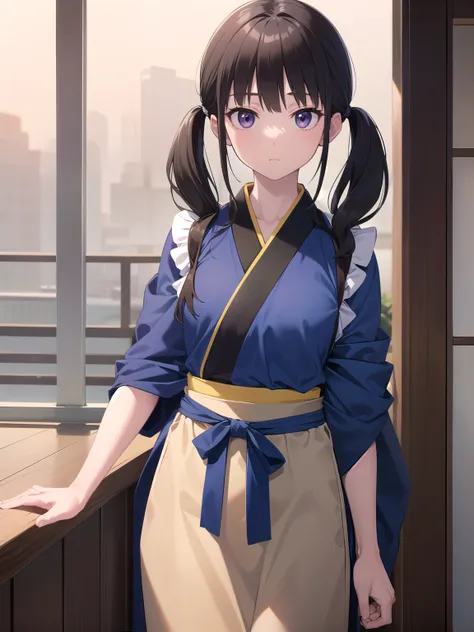 Takiuchikami, Check it out, Long Hair, bangs, Twin tails, Black Hair, (Purple eyes:1.2),
break japanese clothes, kimono, apron, waist apron, blue kimono, waitress,
break looking at viewer, (Cowboy Shot:1.5),
break indoors, Cafe,
break (masterpiece:1.2), Hi...