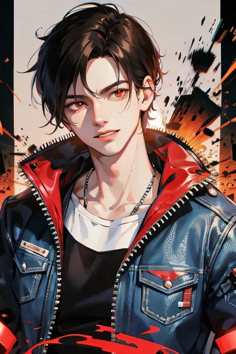 guy with black lush hair and street style, in a denim jacket with a poster, red glowing energy around him, grinning, evil, Red eyes (absurdity, A high resolution, ultra detailed, HDR), masterpiece, Best quality, epic