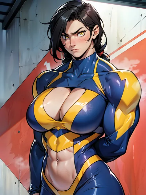 ((girl muscular thick)) pale skin black hair ultra detailed eyes huge large breasts toned body embarrassed blush very long hair skintight suit yellow eyes hair flaps cleavage