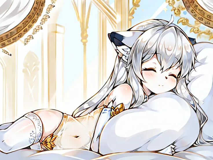 a lovely face,Fluffy silver hair,The fur is very white and translucent,Eyes are a golden color,Wearing white stockings,Sleeping in bed