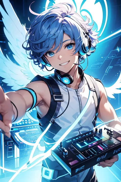 male angel with curly blue hair, light blue eyes, headphones, DJ outfit, holding synthesizer, flying with big wings, big halo, smiling showing teeth.