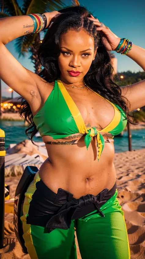 (masterpiece), (best quality), (solo, 1girl), (photorealistic1.4), (epiCRealLife), (large breasts), (Cleavage), (Young woman), (photorealistic), GAME_laura_matsuda_aiwaifu-10 costume), (red lipstick), (Rihanna1), (Rihanna1 eyes),  (green bikini ), (GAME_la...