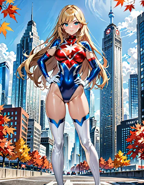 (masterpiece), (best quality), (high res), solo, solo focus, 1girl, belt, blonde hair, blue eyes, breasts, building, city, gloves, hand on hip, medium breasts, leotard, white and red leotard, bare legs, (white maple leaf (symbol) on chest), long hair, look...