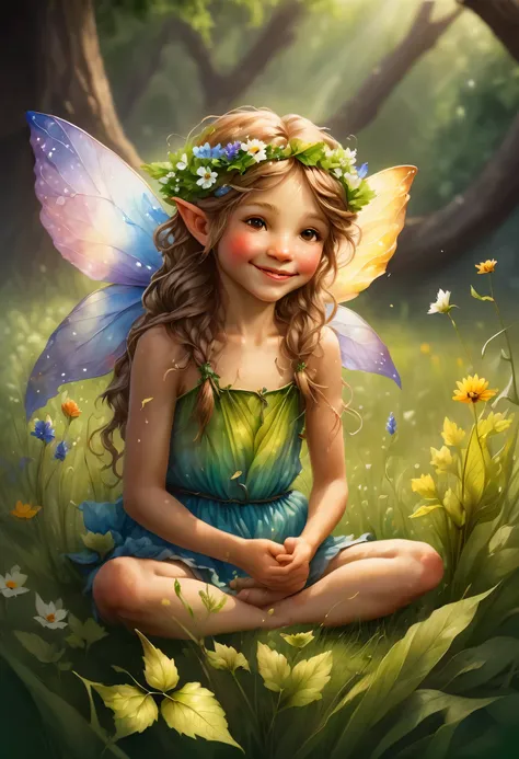Wire art A beautiful spring fairy is sitting in the green grass in a field of wildflowers with her hair blowing in the wind, she is holding a fall leaf in front of her face and is peaking out from behind the leaf with smiling eyes, hyper-realistic, painter...