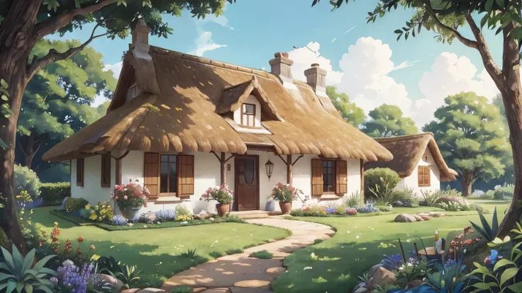 The image you provided shows a serene scene, in watercolor style, of a young man walking towards a charming thatched-roof country house. The house is surrounded by a lush garden, full of colorful flowers in various shades, criando um ambiente acolhedor e v...