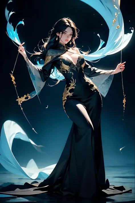 ((best quality)), ((masterpiece)), (detailed), detailed skin, golden eyes, thick wavy long black hair, black silk dress, fluid d...