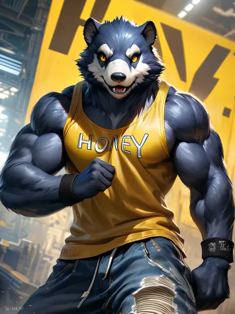 Ultra detailed, HDR, Solo male, furry, anthropomorphic honey badger, dark blue fur, yellow eyes, yellow sleeveless shirt with the word Honey written on it, shredded baggy jeans, athletic build, realistic, black wristbands