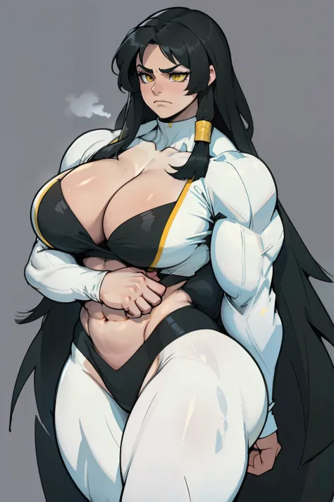 huge breasts huge breasts huge breasts muscular muscular muscular thick thick thick black hair yellow eyes pale skin female sad frown cleavage long straight hair long straight hair long straight hair long straight hair 