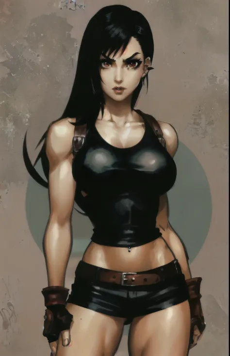 tifa ff7, eyes browns, outlined,dark eyebrows,nariz com piercing no septo, lips, teeths, face, Short shoulder length black hair, 1 girl, standing alone