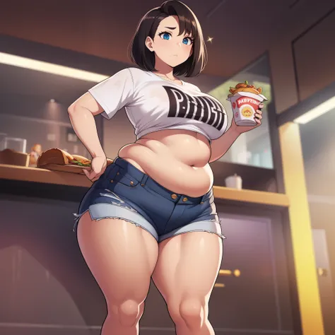 ((highres)), Masterpiece, high quality, best quality, beautiful, perfect lighting, detailed face, ultra cute face, ((3girls)), one girl has blonde hair, blue eyes, crop top and shorts skindentation, one girl has brown hair, green eyes, jeans, white shirt, ...