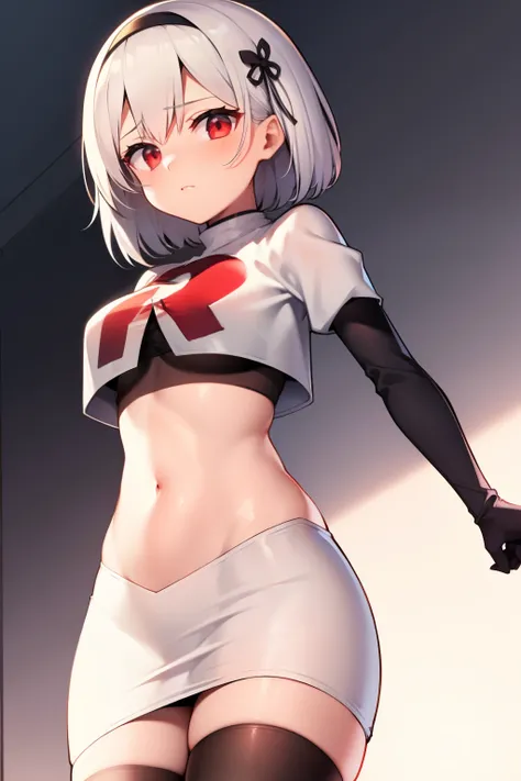 sirius (azur lane),white hair,red eyes,1girl,short hair,headband,team rocket,team rocket uniform,white skirt,red letter R,crop top,black thigh-highs,black elbow gloves