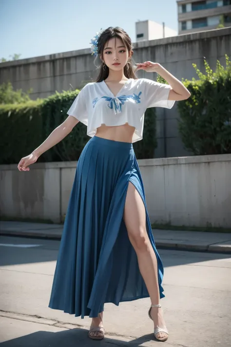 create a dancer using a long blue skirt with flowered ends
