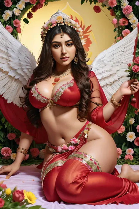 Hansika Motwani is a angel, Big breast, Big  . Indian Apsara, indian angel. Curvy figure, beautiful face, beautiful figure, flowers stage. On her head flowers garland. She has angel wings. Her body cover with flowers. Red colour outfit, All outfits made wi...