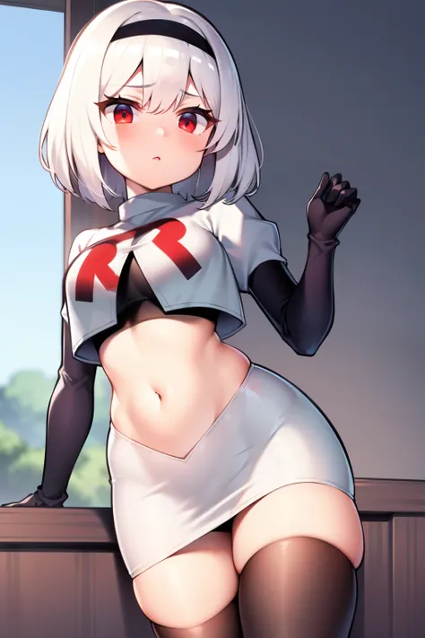 sirius (azur lane),white hair,red eyes,1girl,short hair,headband,team rocket,team rocket uniform,white skirt,red letter R,crop top,black thigh-highs,black elbow gloves