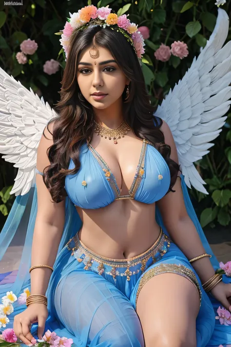 Hansika Motwani is a angel, Big breast, Big  . Indian Apsara, indian angel. Curvy figure, beautiful face, beautiful figure, flowers stage. On her head flowers garland. She has angel wings. Her body cover with flowers. Blue colour outfit, All outfits made w...