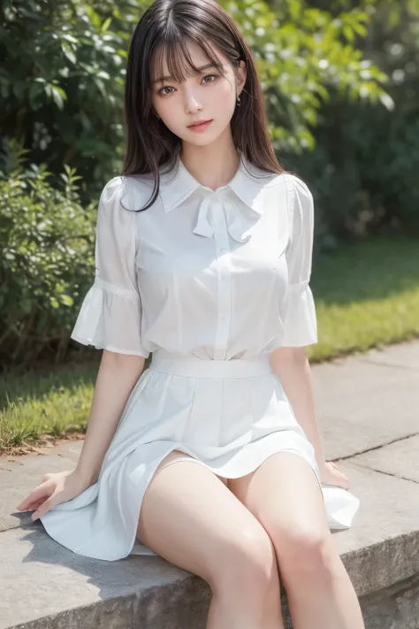 ((Best image quality、8K、masterpiece：1.3))、Realistic high-quality photos、Highest quality、Beautiful and graceful face and eyes、Uniform eyes、Black Hair、Shiny Hair、 OL、Wearing a short-sleeved blouse、Wear a long skirt、Full Body Shot.　Sitting、(((White panties ca...