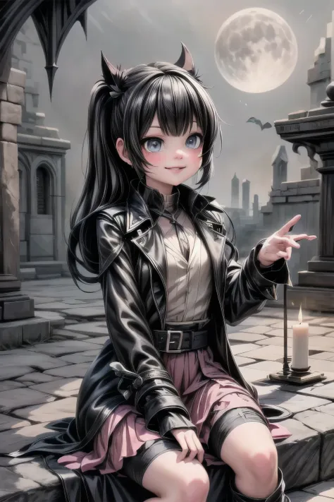 a vampire hunter girl wearing a Black Trench Coat, sitting on ruins, dark castle at night, castlevania art style, moon, lanterns and candles