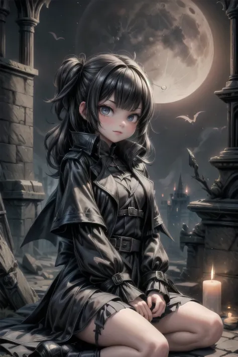 a vampire hunter girl wearing a Black Trench Coat, sitting on ruins, dark castle at night, castlevania art style, moon, lanterns and candles