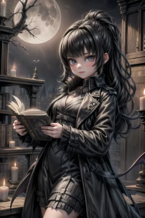 a vampire hunter girl wearing a Black Trench Coat, reading at a haunted library, dark castle at night, castlevania art style, moon, lanterns and candles