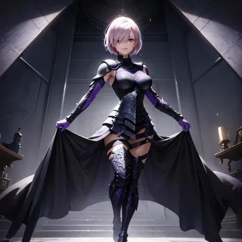 full body, masterpiece, best quality, 1girl, (detailistic), dark armor, dark cross shield, mash kyrielight, light purple hair, s...