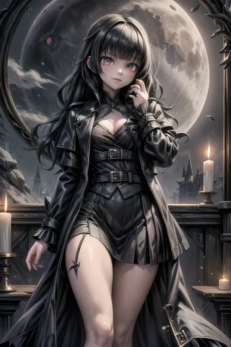 a vampire hunter girl wearing a black trench coat and skirt, passing through a magical mirror, dark castle at night, castlevania...