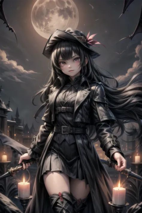 a vampire hunter girl wearing a Black Trench Coat and skirt, holding floating fireballs, dark castle at night, castlevania art style, moon, lanterns and candles