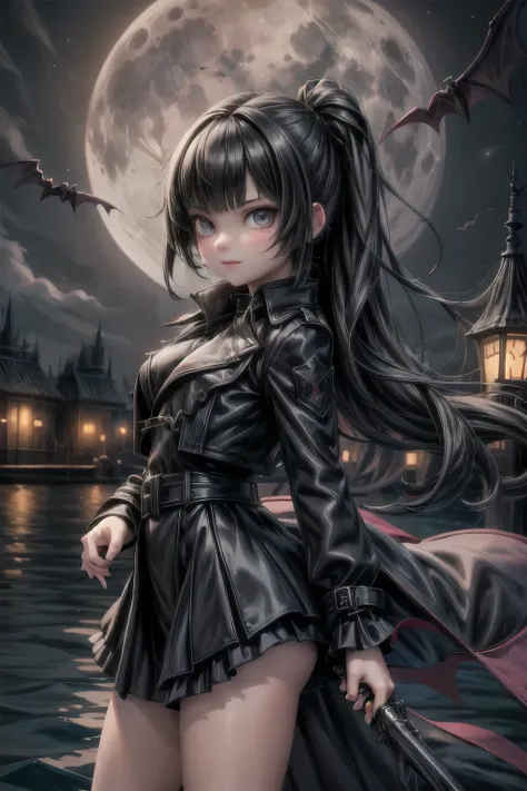 a vampire hunter girl wearing a black trench coat and skirt, riding a boat, dark dock at night, castlevania art style, moon, lan...