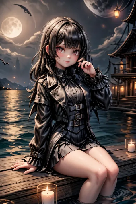 a vampire hunter girl wearing a black trench coat and skirt, sitting on a boat at the shore at night, shore at night, castlevani...