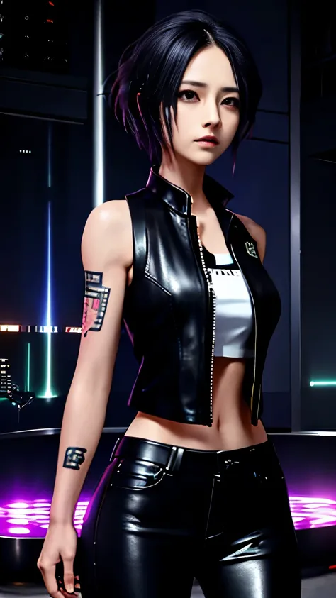 (highest quality),masterpiece,Super detailed,8K, UHD,Beautiful woman,japanese woman,No expression,whole body,((tattoo)),slim,black leather pants,black leather vest,(female mafia),gangster,(cyberpunk city),night,cinematic lightening,underworld